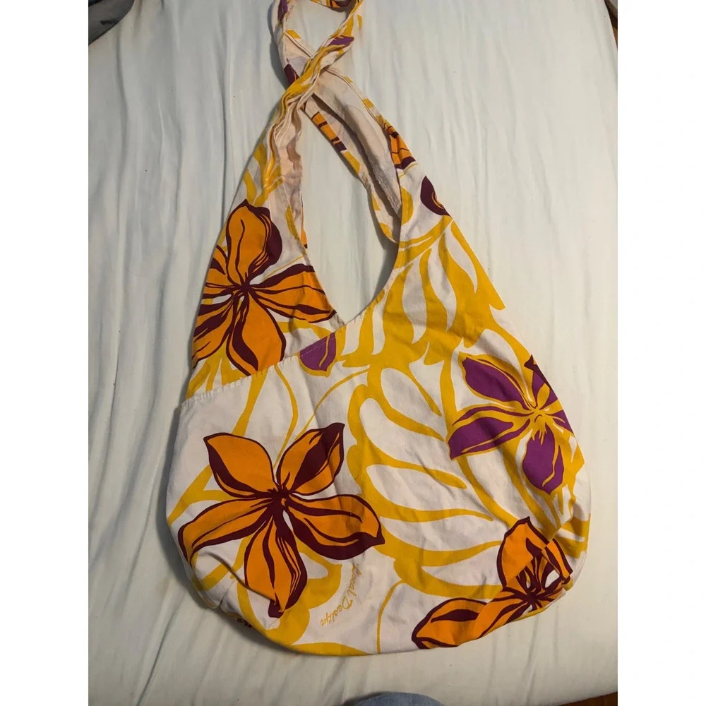 Local Design Hobo Bag Tropical Floral Yellow Orange Purple Canvas Shoulder Bag